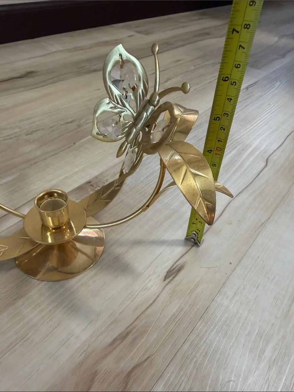 Gold Tone Butterfly Crystal Flower Taper Candle Holder Hollywood Regency Decor